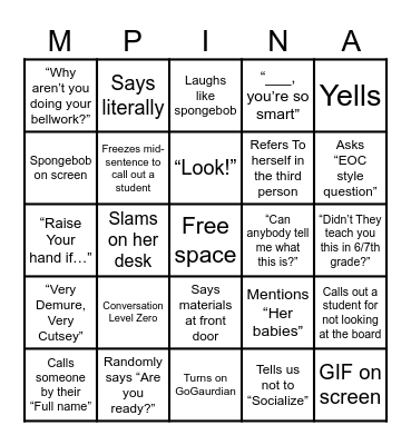 Mrs. Pina Bingo 3 Bingo Card