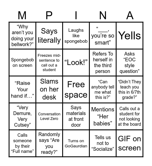 Mrs. Pina Bingo 3 Bingo Card