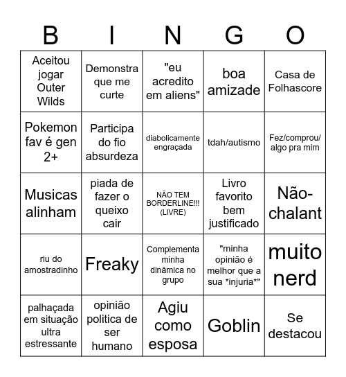 Namorada Bingo Card