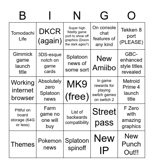 Switch 2 Bingo Card