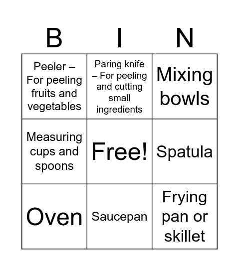APPETIZER Bingo Card