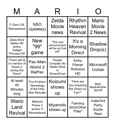 Nintendo Switch 1 Direct March 2025 Bingo Card