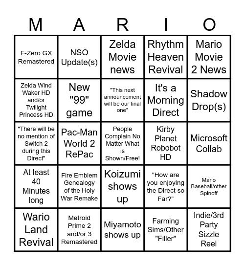 Nintendo Switch 1 Direct March 2025 Bingo Card