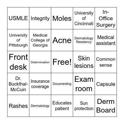 Dermatology Bingo! Bingo Card