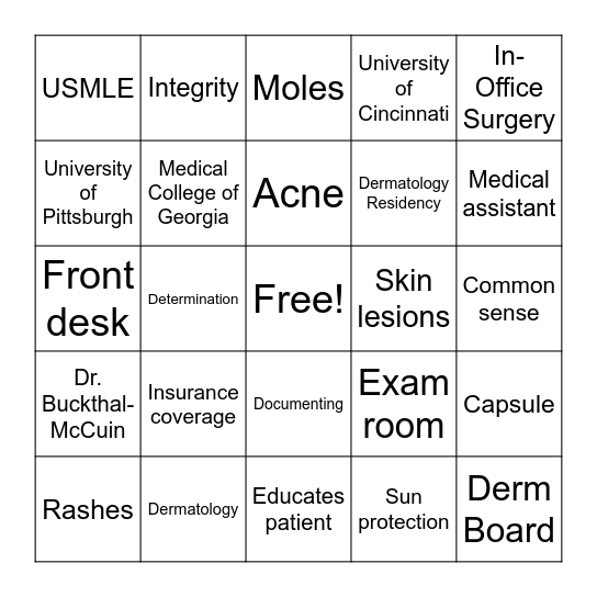 Dermatology Bingo! Bingo Card