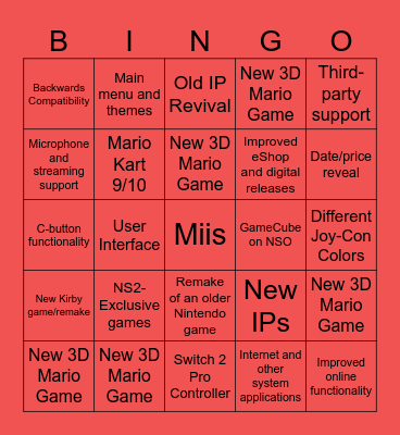 Nintendo Switch 2 Bingo Card Bingo Card