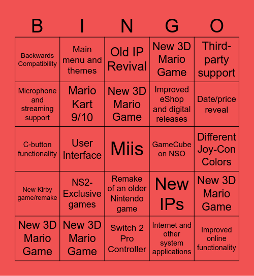 Nintendo Switch 2 Bingo Card Bingo Card