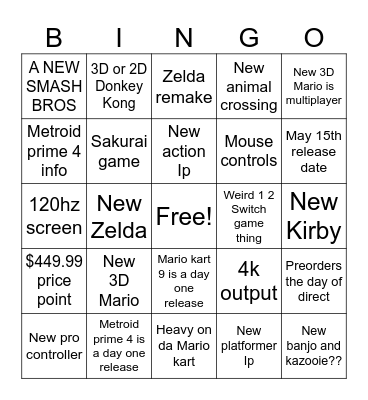 Nintendo Switch 2 Bingo Card