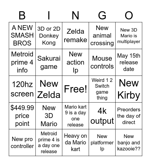 Nintendo Switch 2 Bingo Card