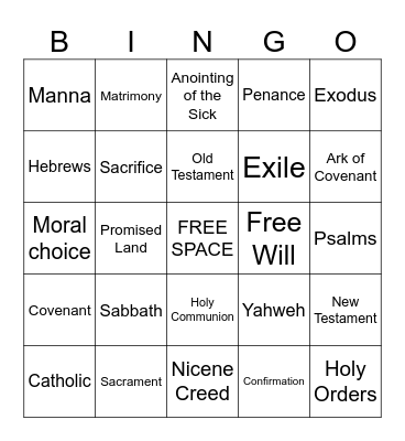6th Grade Religious Education Bingo Card