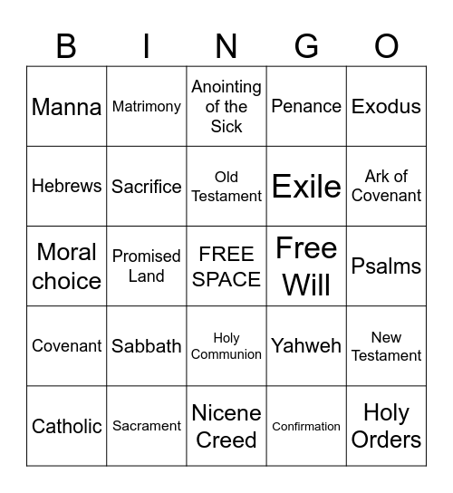 6th Grade Religious Education Bingo Card
