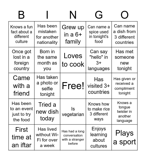 DSA Iftar Bingo! Bingo Card