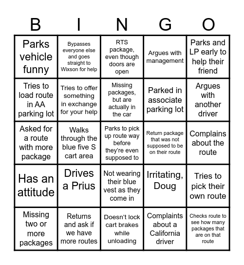 WNV3 Driver Bingo Card