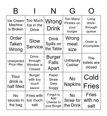 10/10 Fast Food Experience Bingo Card