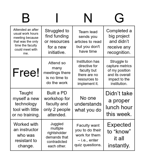 Curriculum Developer Bingo Card