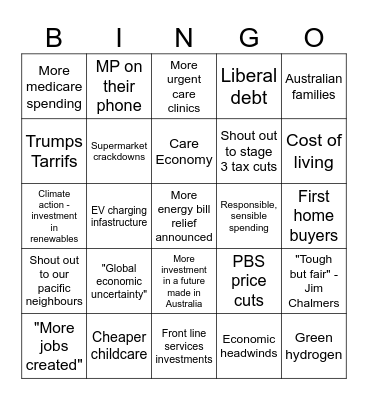 Tas Labor Society Budget Bingo 2025 Bingo Card