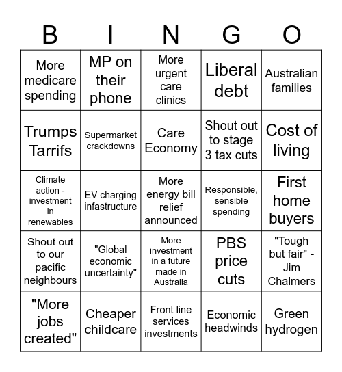 Tas Labor Society Budget Bingo 2025 Bingo Card