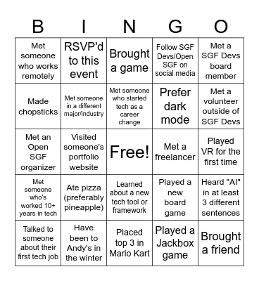 Networking Bingo Card