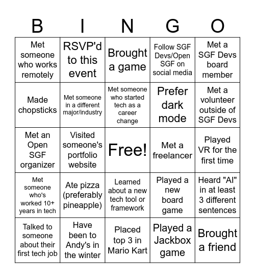 Networking Bingo Card