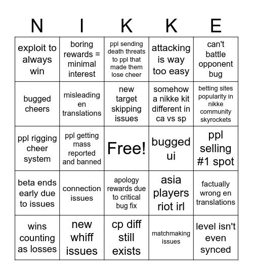 Issues with Champion Arena Bingo Card