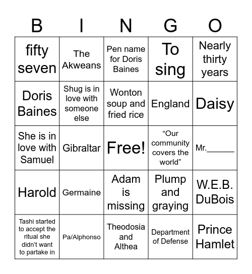 The Color Purple Bingo Card