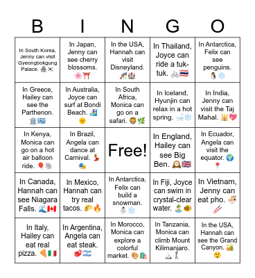 B11 U12 In Vietnam, Jenny can eat pho. Bingo Card