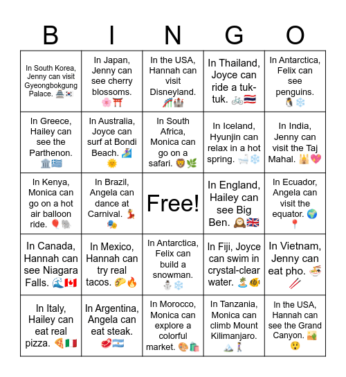 B11 U12 In Vietnam, Jenny can eat pho. Bingo Card