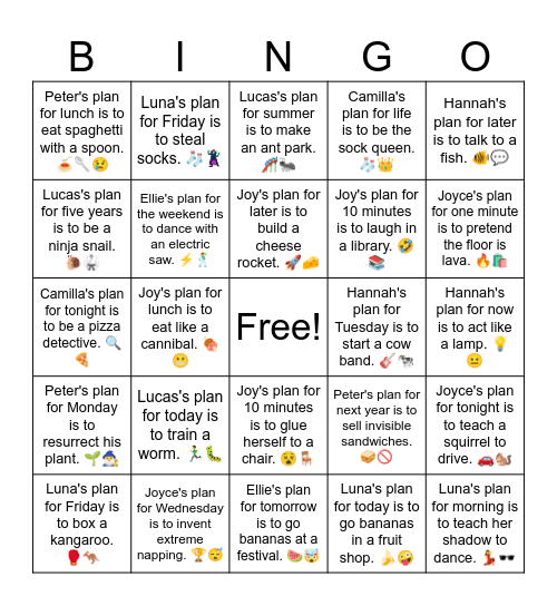 Peter's plan for lunch is to eat spaghetti with a spoon. Bingo Card