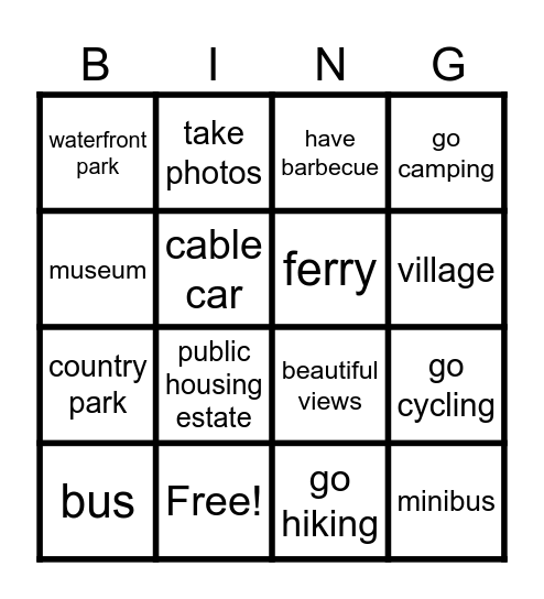 Places & Activities Bingo Card