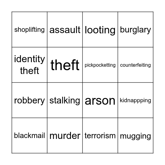 Crimes Bingo Card