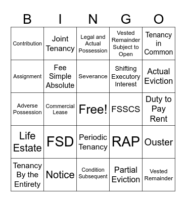 PROPERTY LAW BINGO Card