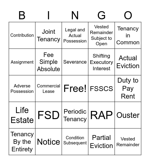 PROPERTY LAW BINGO Card