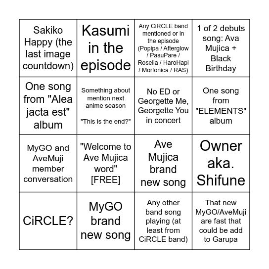 Bandori: Ave Mujica Last Episode Bingo Card