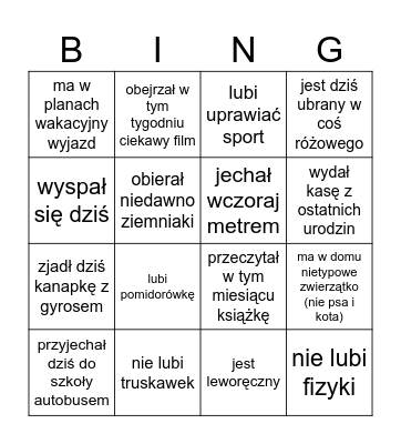 Znajdź kogoś, kto... Bingo Card