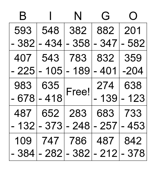 Bingo Subtraction Bingo Card