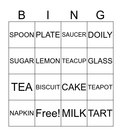 High Tea Bingo Card