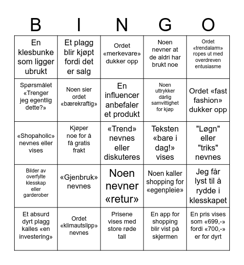 KJØP NÅ BINGO Card