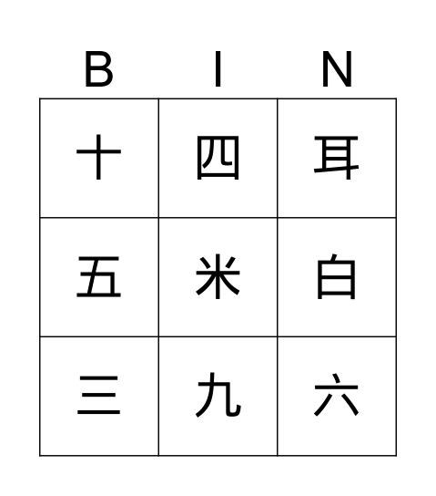 Chinese characters Bingo Card