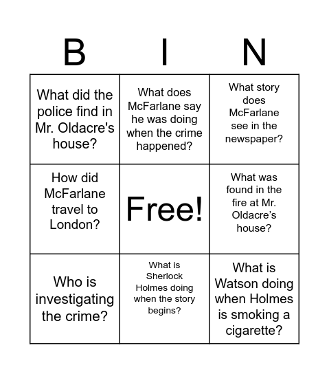 Sherlock Holmes chapter 1 Bingo Card