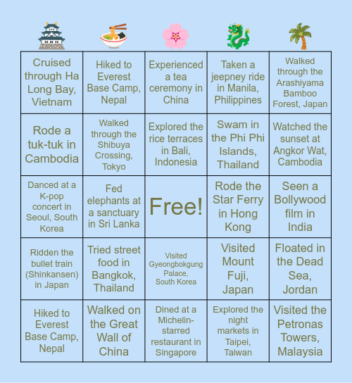 Asia Bingo Card
