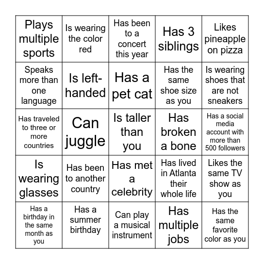 Human Bingo! Bingo Card