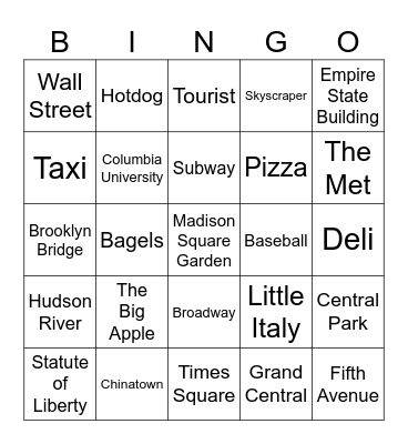 New York City Bingo Card