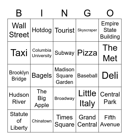 New York City Bingo Card