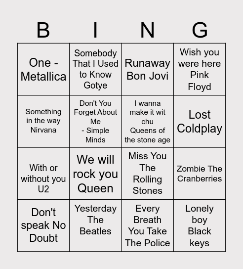 Sing a song Bingo Card