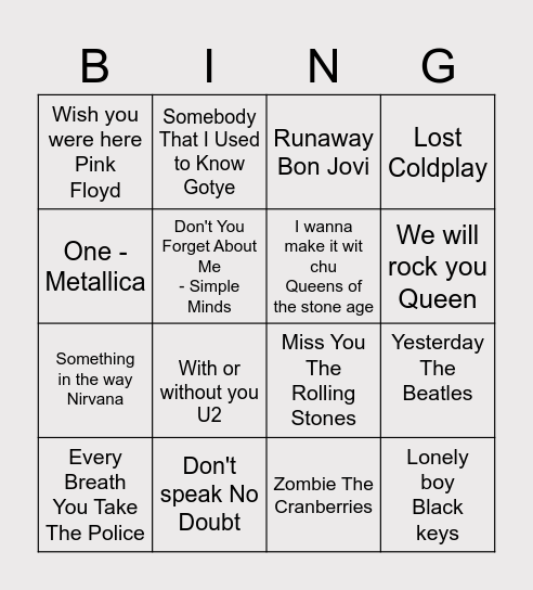 Sing a song Bingo Card