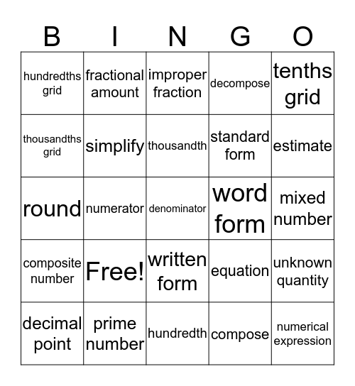 Math Vocabulary Bingo Card