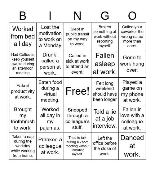 Never Have I Ever Bingo Card