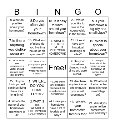 questions hometown part 1 Bingo Card