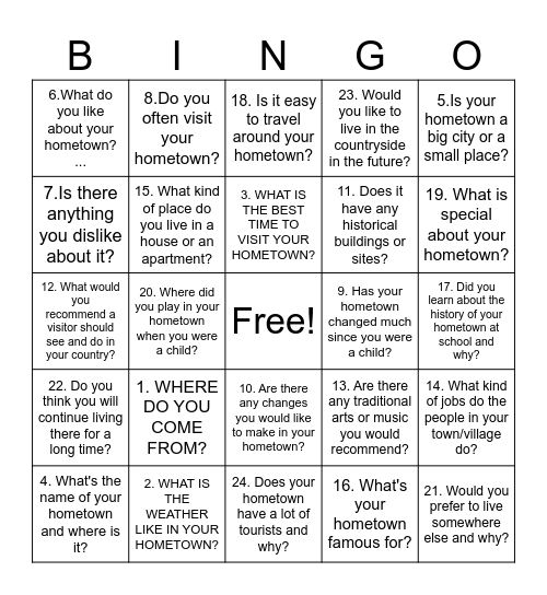 questions hometown part 1 Bingo Card