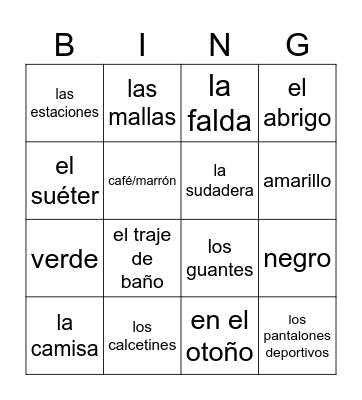 La Ropa Bingo Card